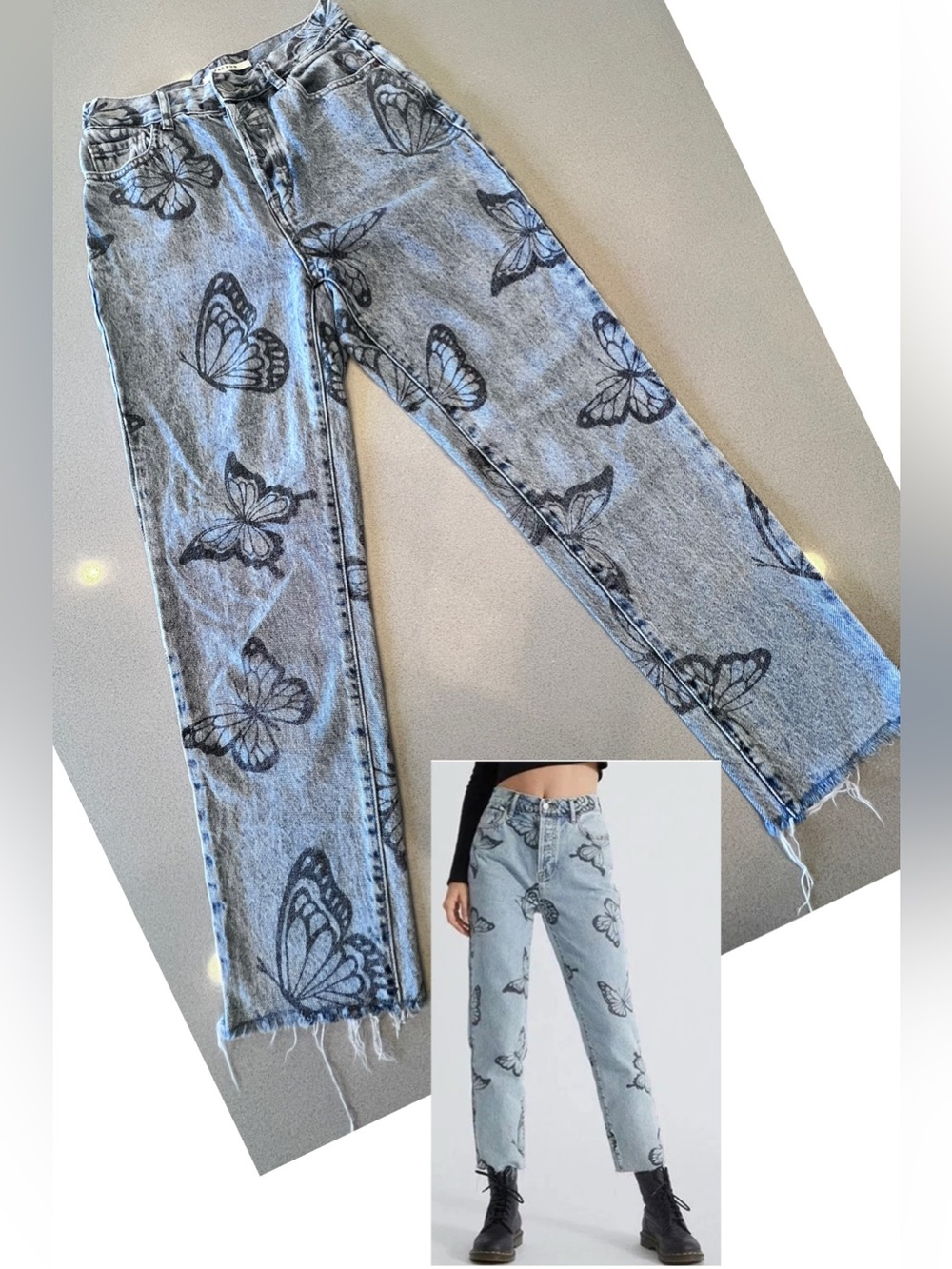 PacSun Butterfly Print Button-fly High Rise Straight Leg Frayed Hem Jeans Sz 25